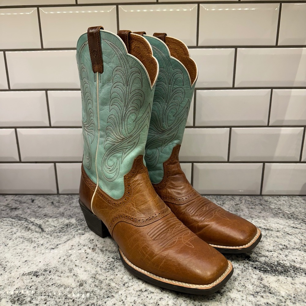 Ariat Women 11 Western Boots Brown Turquoise Square Toe Leather 10011895 Cowgirl